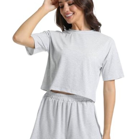 Soft Striped Pajama Set with Elastic Waist Shorts, Lounge Sleepwear - Picture 6 of 8
